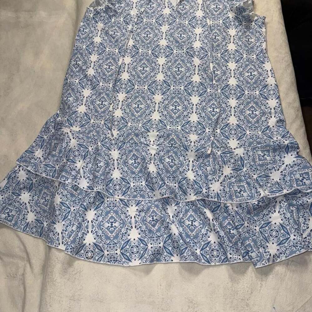 SHEIN Blue White Geometric Print Double Ruffle Hem Dress XL
